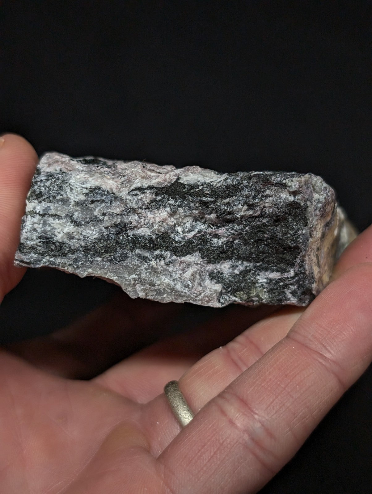 A rugged, irregularly shaped piece of dark gray and black speckled rock held in a hand.