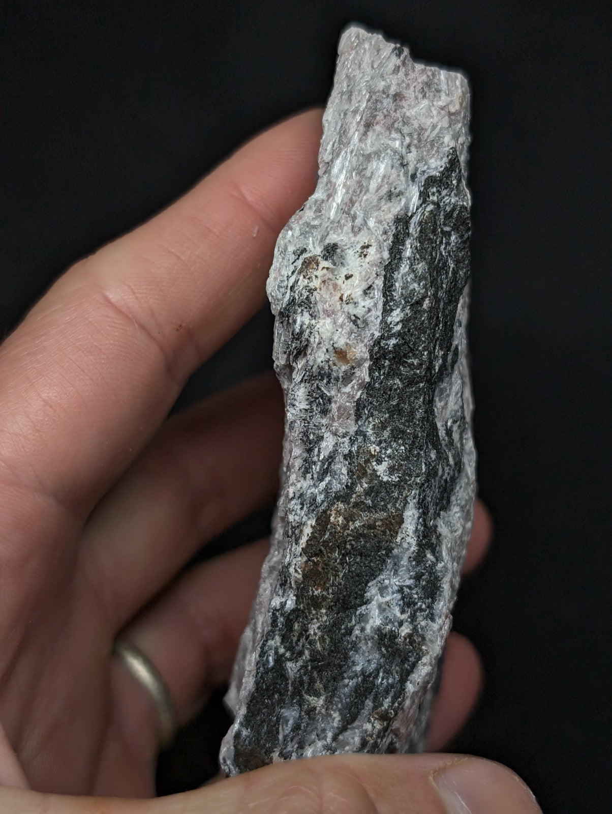 A rough, irregularly shaped rock with a mottled pattern of dark gray and white mineral veins.