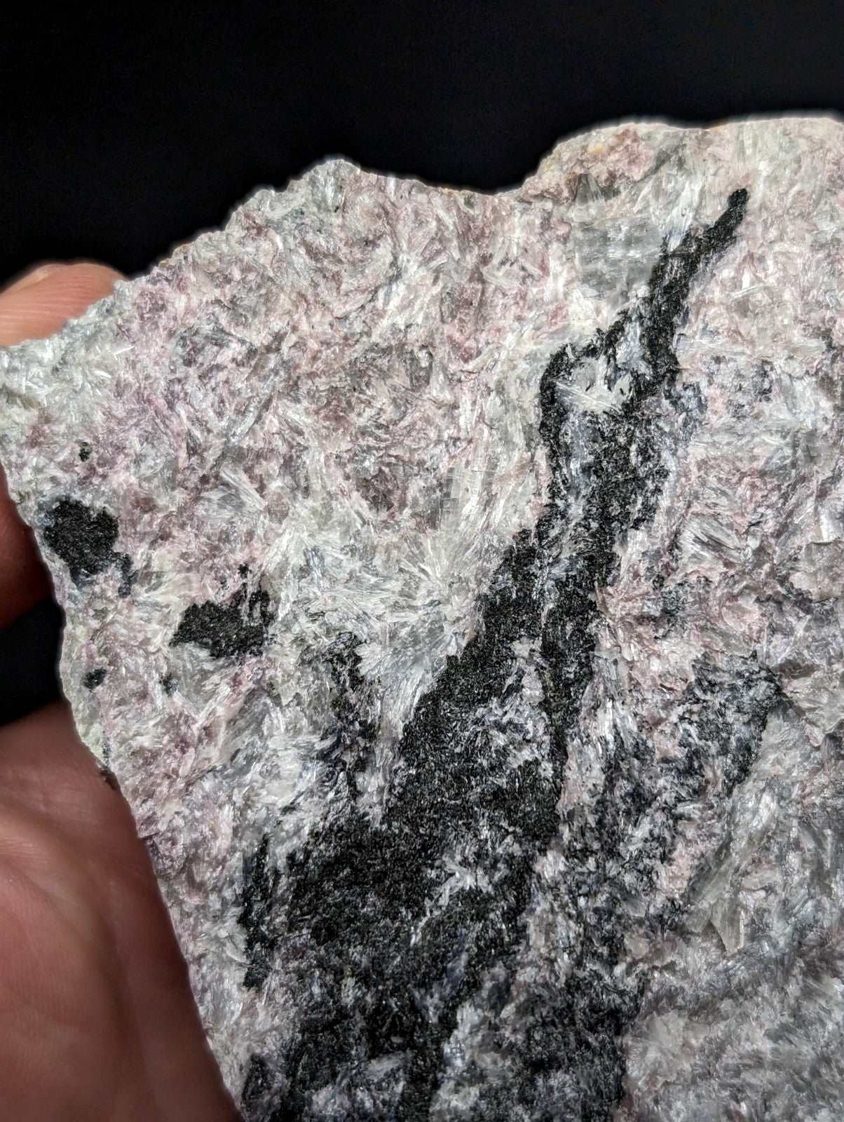 A rugged, irregularly shaped rock with a mottled surface of gray and black mineral veins against a lighter pinkish-gray base.