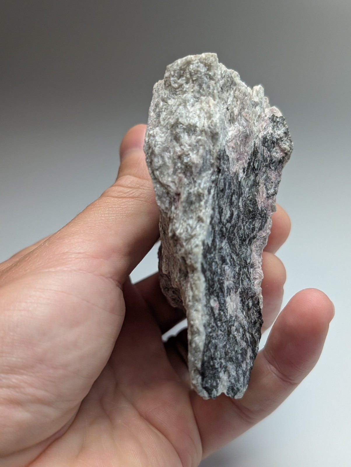 A rough gray and white speckled miserite and wollastonite rock held in hand from wilson springs arkansas usa