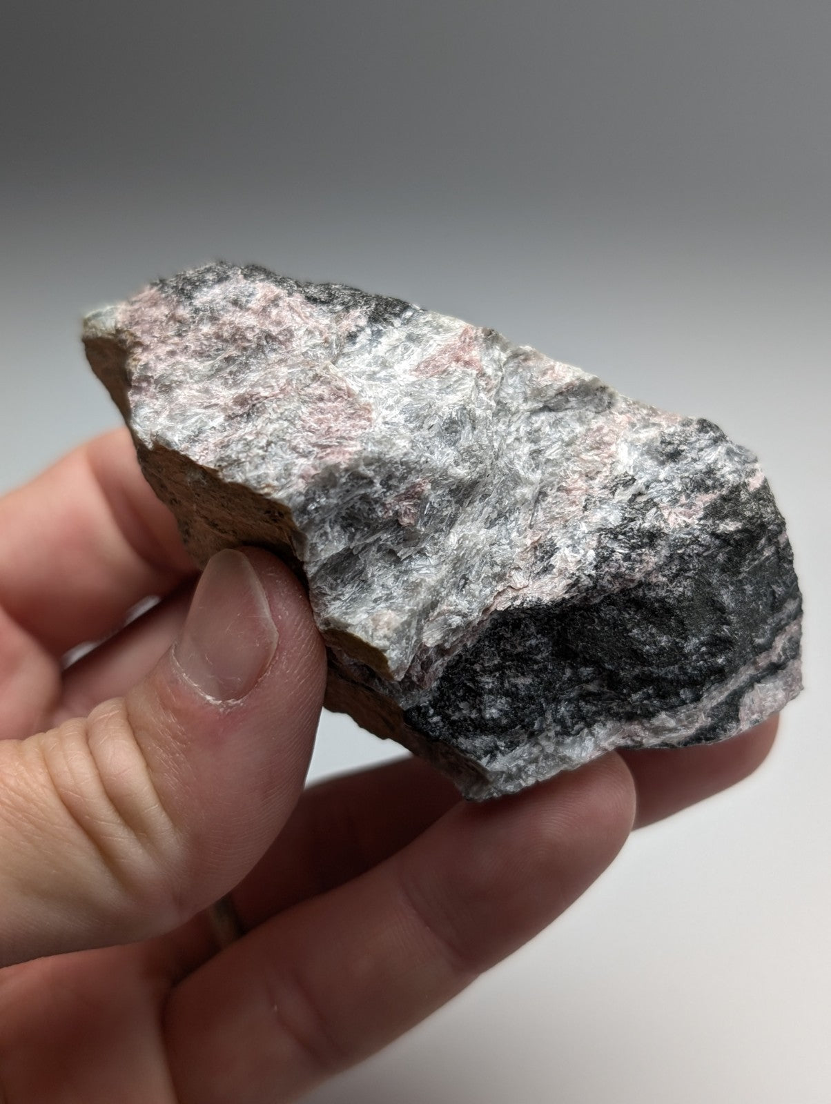 A very rare miserite and wollastonite rock from wilson springs, arkansas, with a rugged speckled gray, black, and pink surface