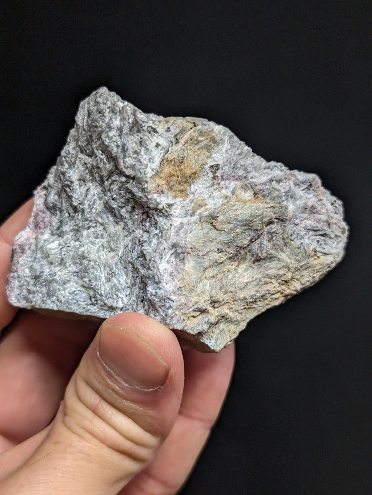 A rough, irregularly shaped stone with a mottled gray and beige surface held in hand.