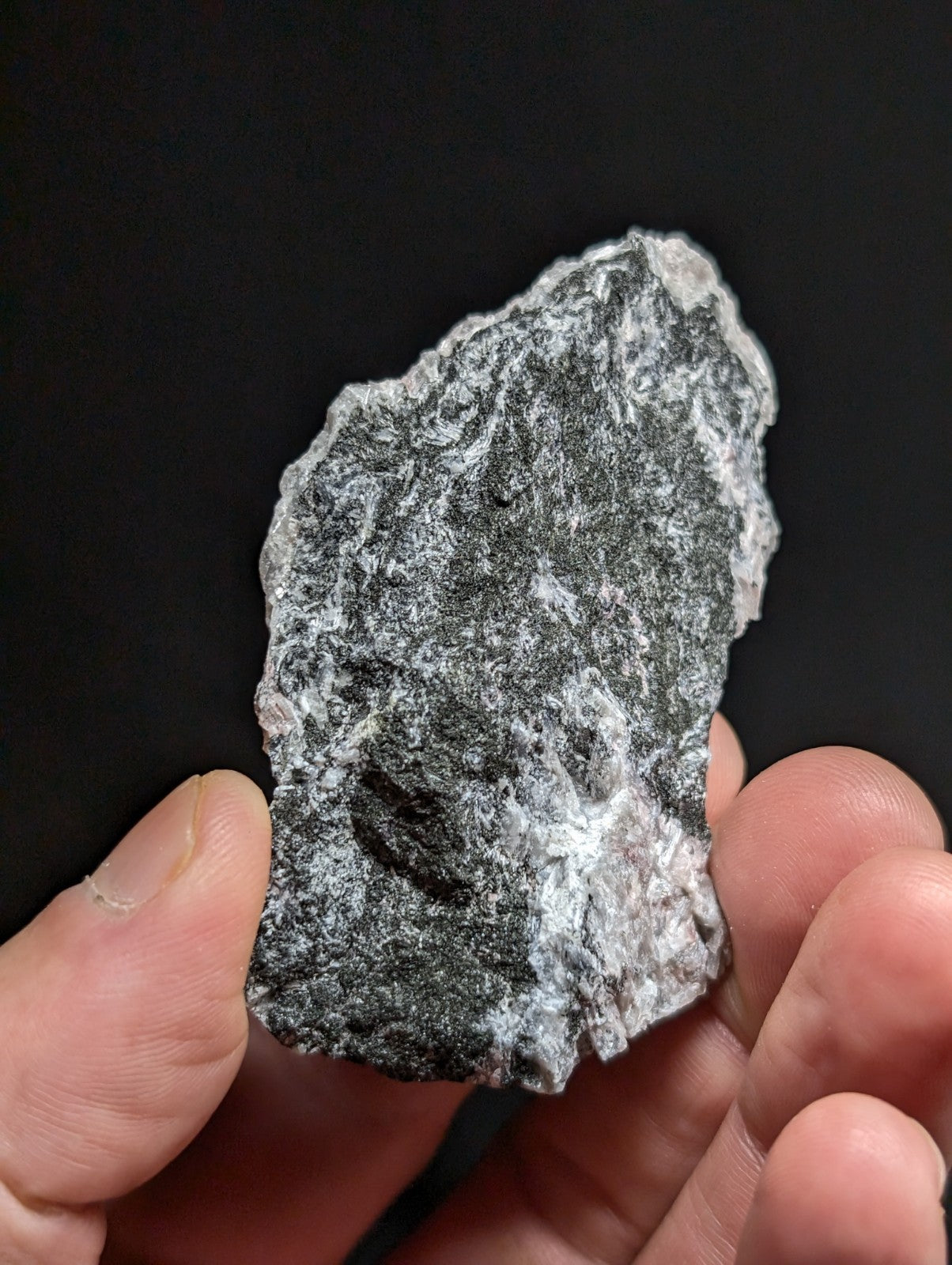 A rough, irregularly shaped stone with a mottled gray and black surface texture.