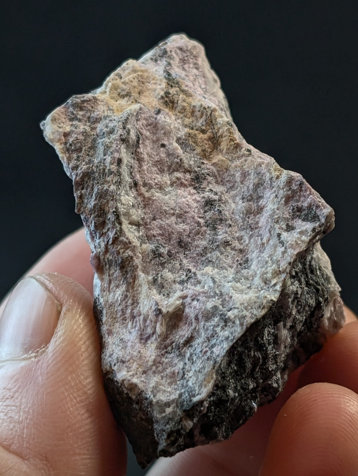A rough, irregularly shaped rock with a mottled surface of gray, pinkish-purple, and dark patches.