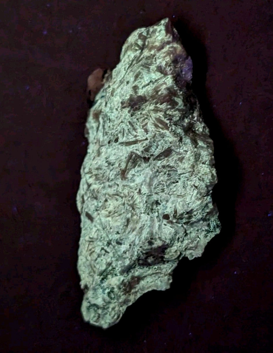 A rough, irregularly shaped mineral specimen with a mottled green and white surface featuring embedded darker inclusions.