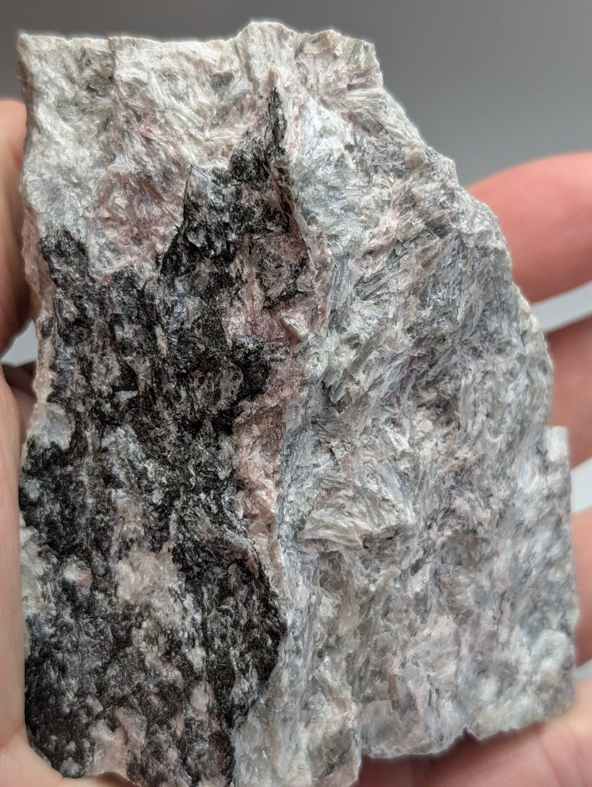 Very rare miserite and wollastonite mineral specimen with mottled gray black and subtle pink hues from arkansas usa