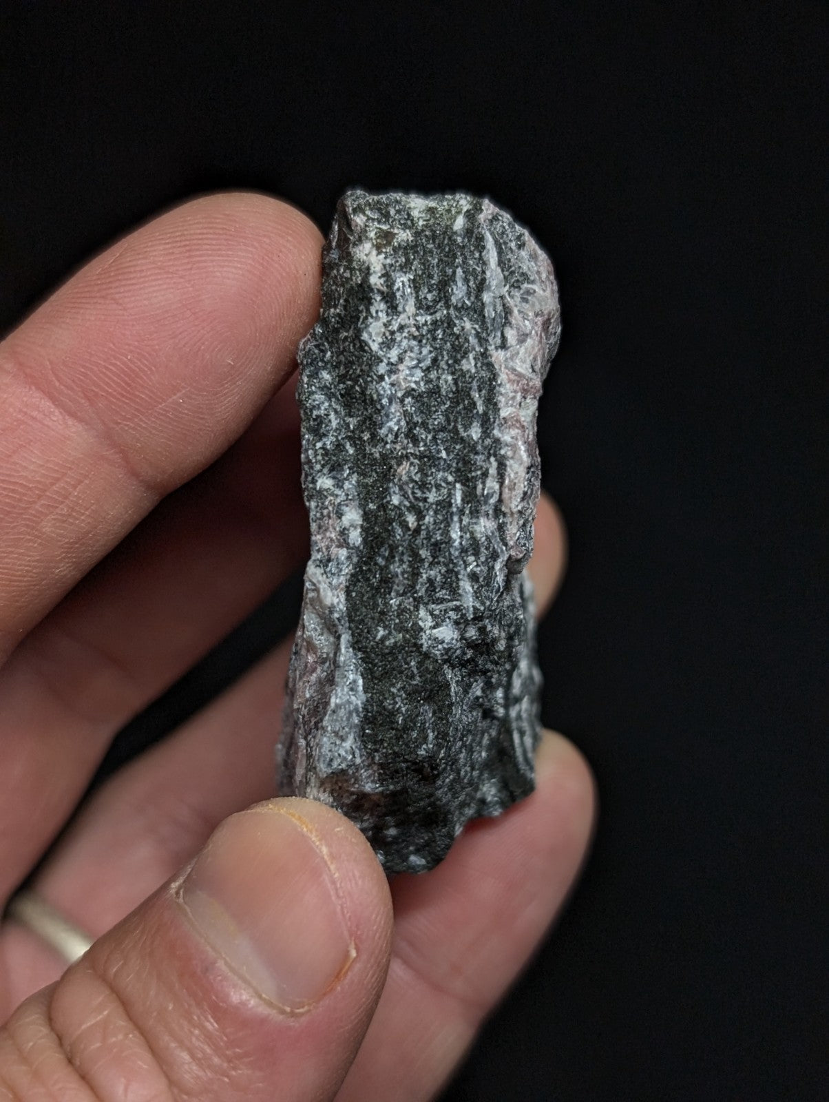 A rough, irregularly shaped black and white speckled rock fragment held in a hand.