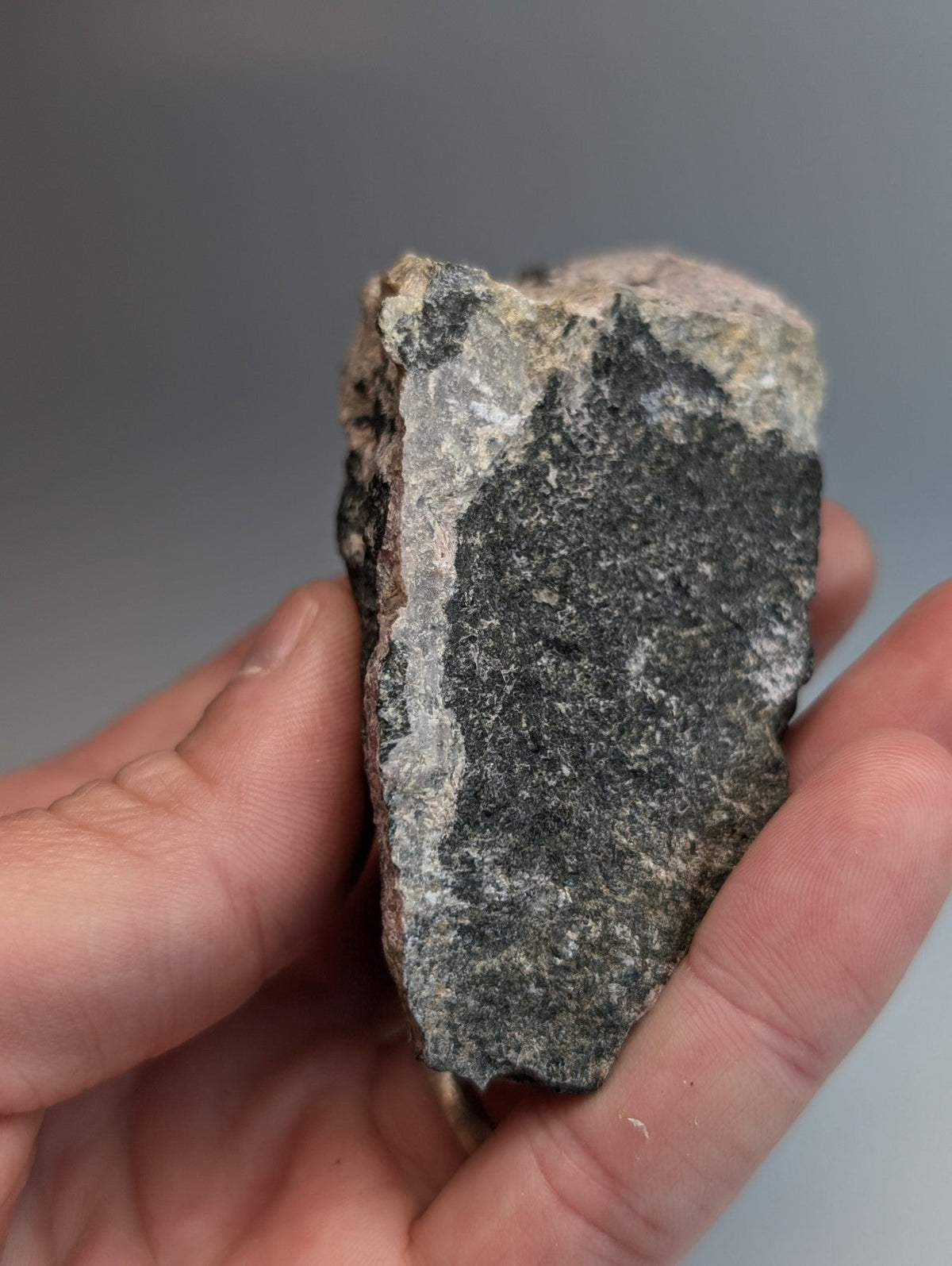 A rugged very rare miserite and wollastonite rock with dark gray and light speckled surface held in hand from arkansas