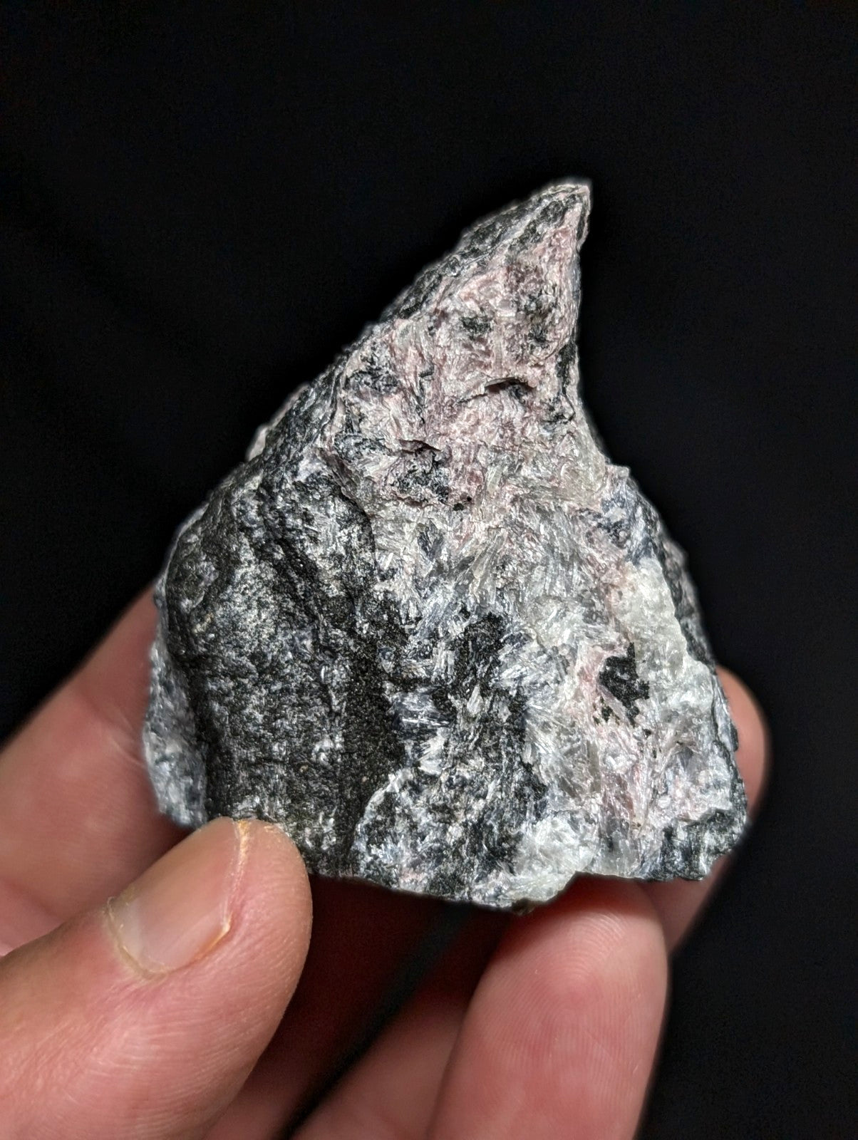 A rough, irregularly shaped rock with a mottled gray and white surface held in someone’s hand.