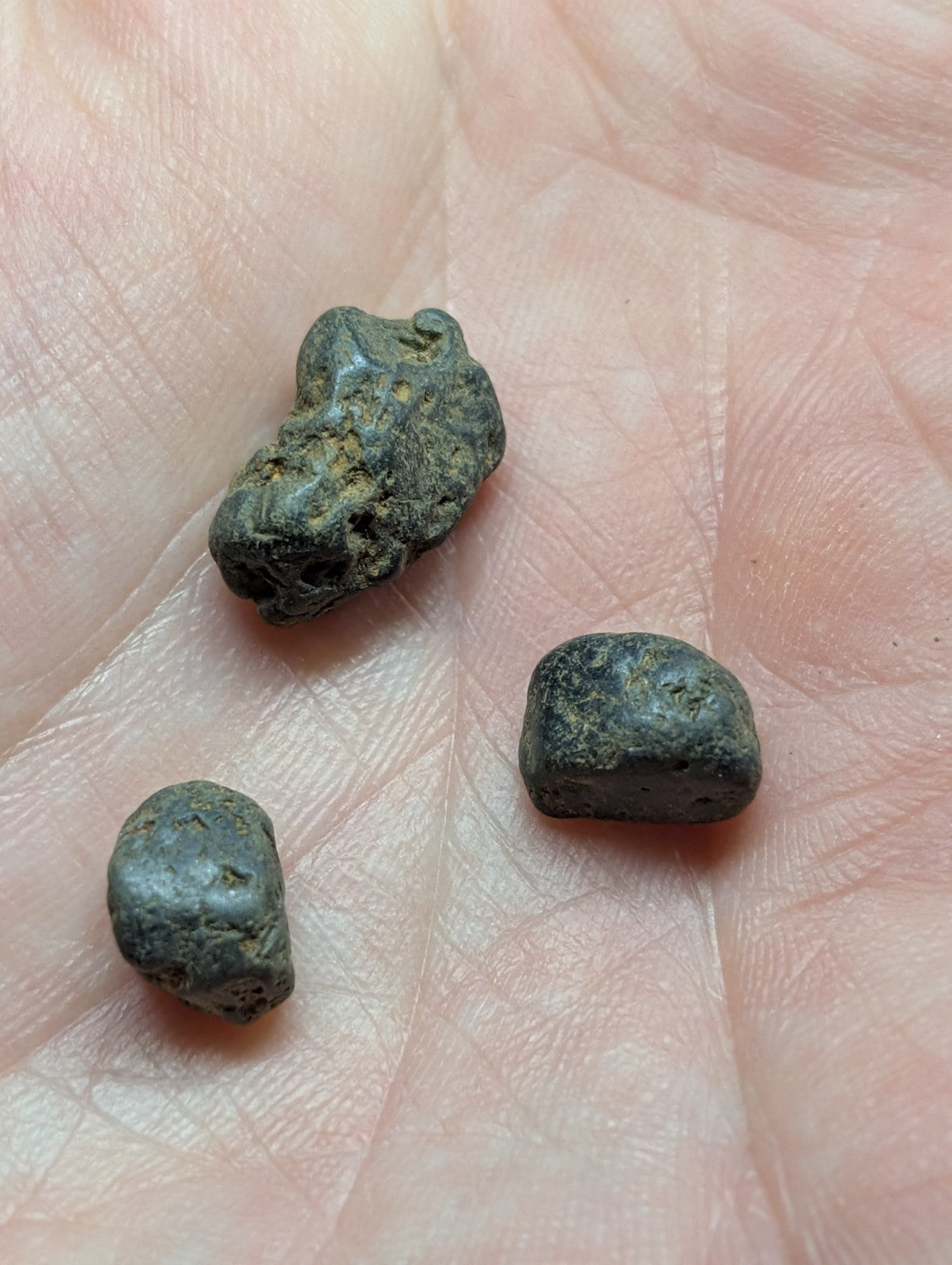 Three irregularly shaped, dark greenish-gray metallic fragments with rough textures and small pits.