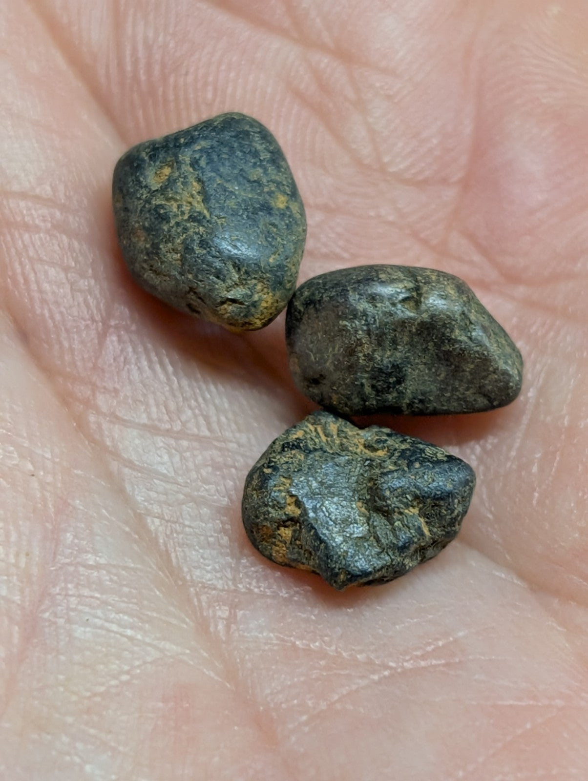 Three smooth, dark greenish-gray stones with subtle yellowish patches rest in an open palm.