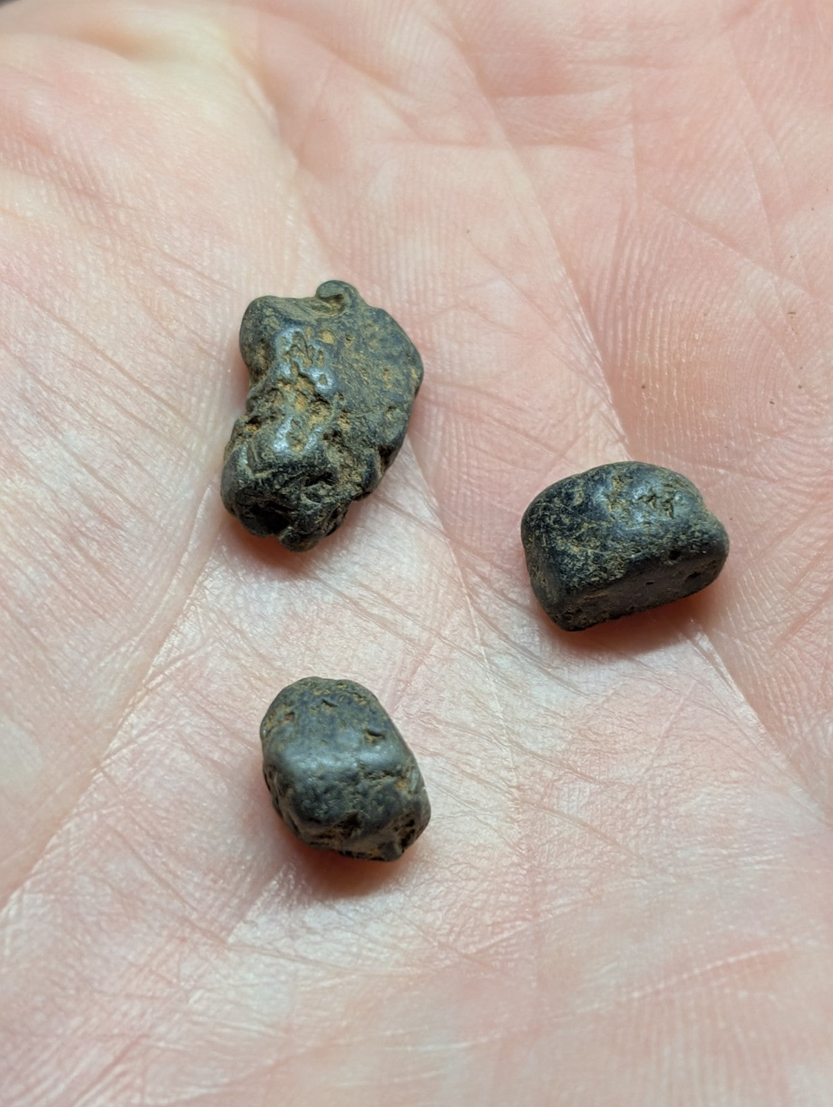 Three dark, irregularly shaped metallic nuggets with a rough, weathered surface rest in the palm of a hand.