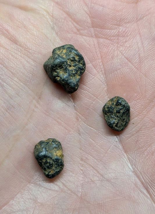 Three irregularly shaped, dark green and yellowish mineral specimens rest in the palm of a hand.