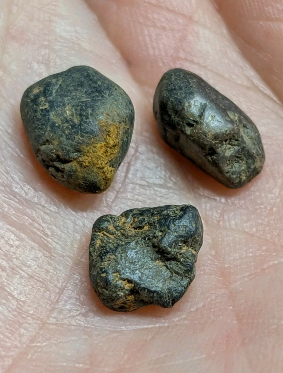 Three dark, irregularly shaped stones with patches of yellowish mineral streaks rest in the palm.