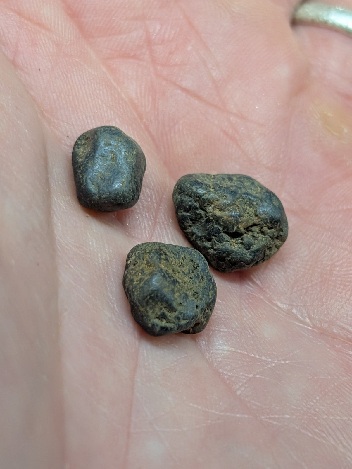 Three dark, irregularly shaped metallic objects with a rough, weathered surface and patches of greenish patina rest in the palm.