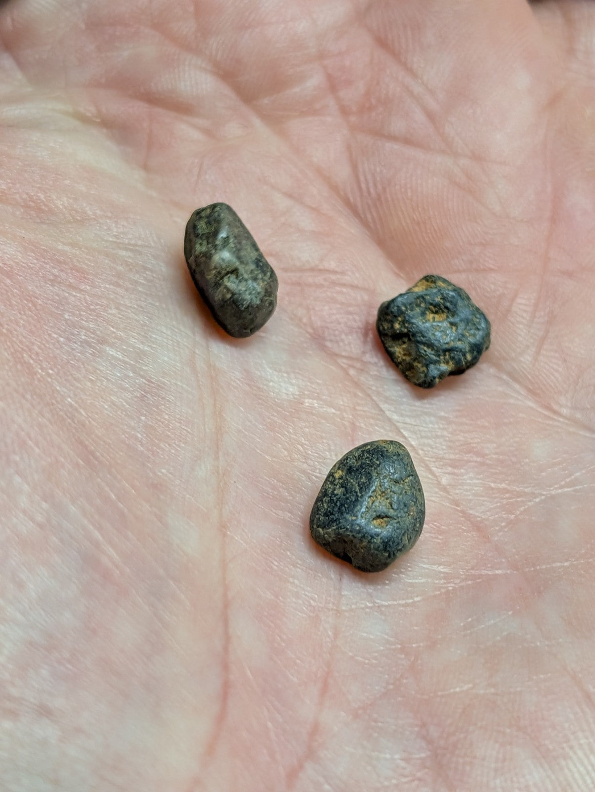Three dark, irregularly shaped stones with rough textures and subtle yellowish patches rest in an open palm.