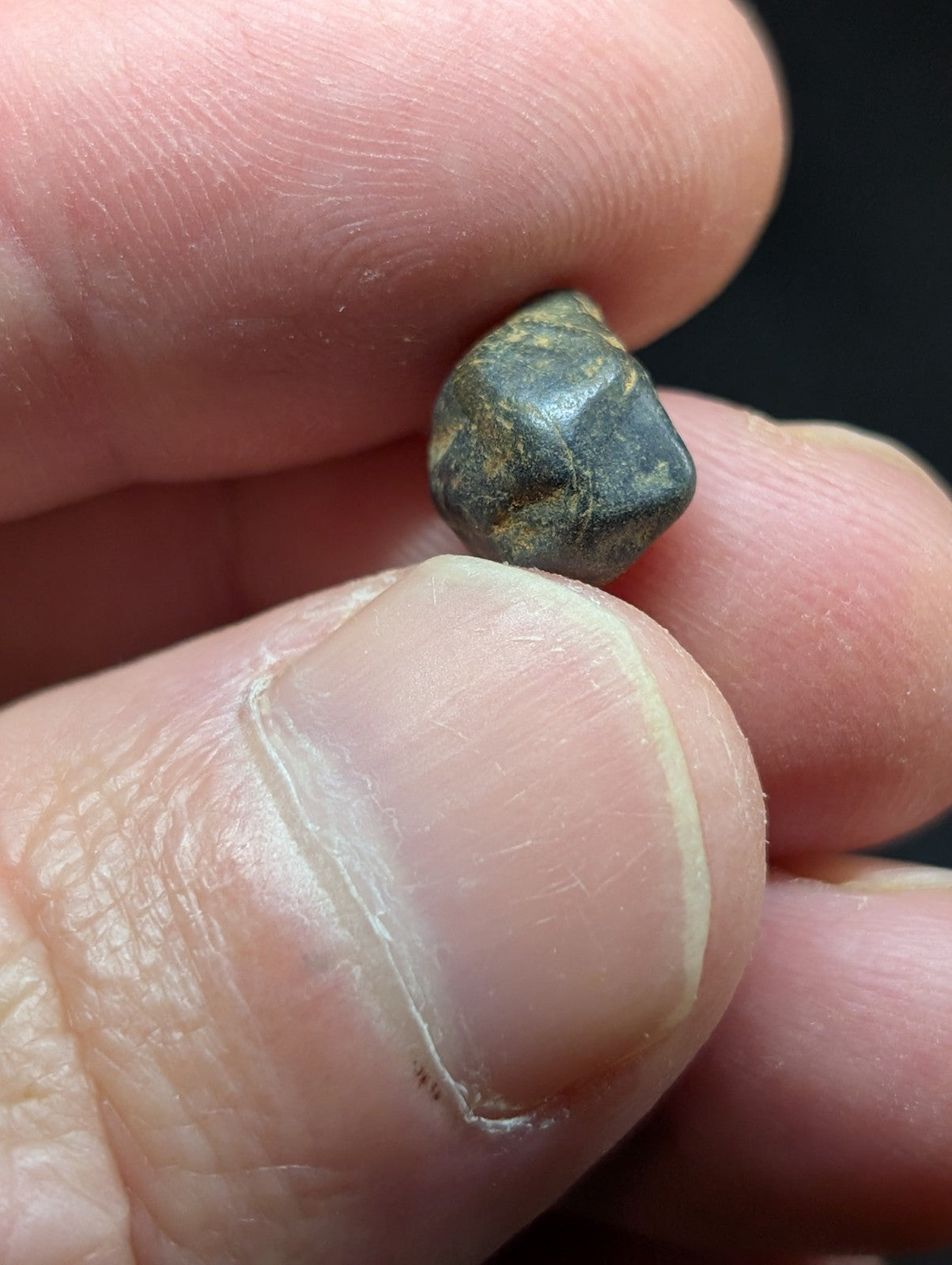 A small, dark greenish-gray, irregularly shaped stone with a slightly glossy surface held between fingers.