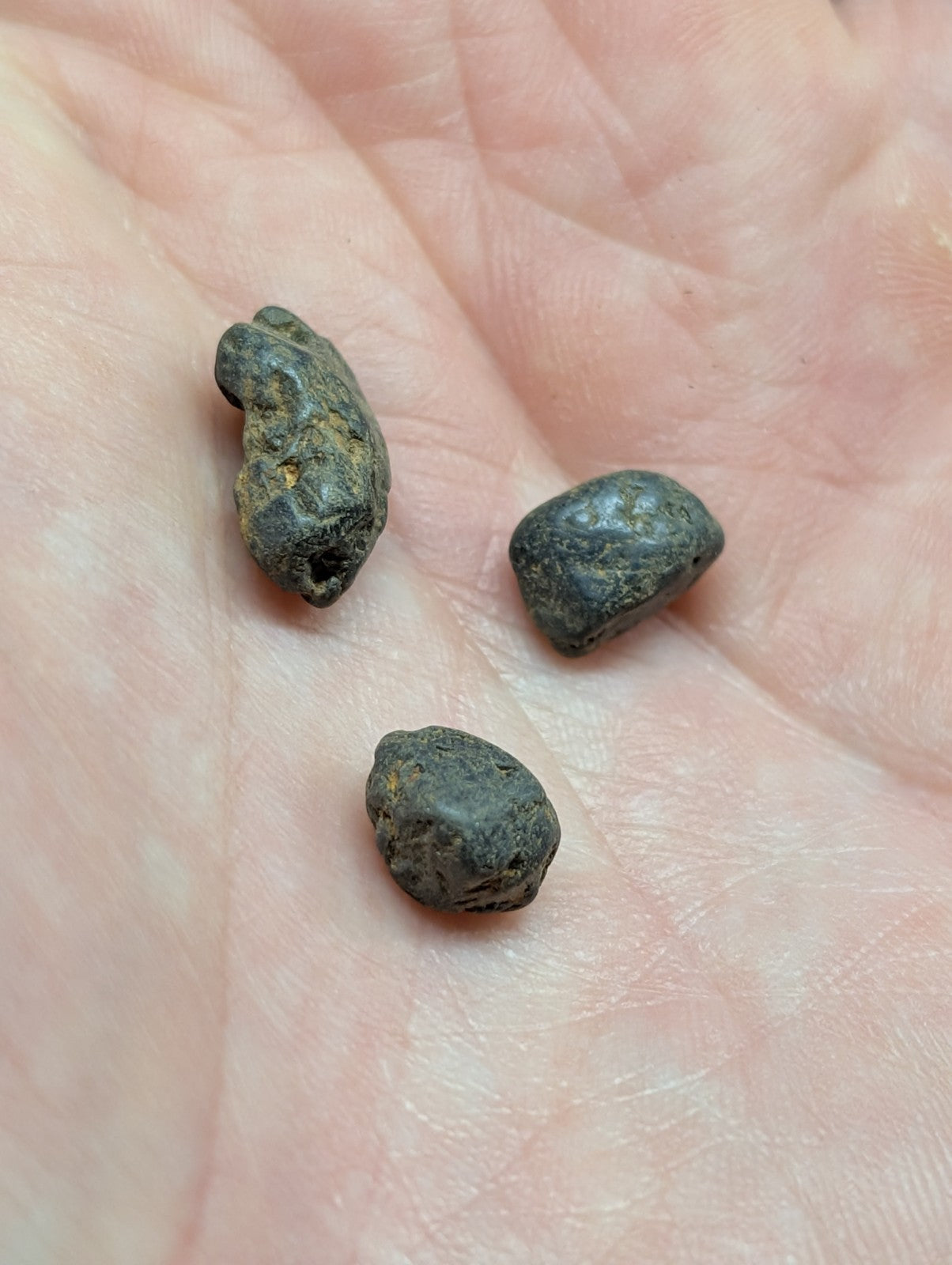 Three dark, irregularly shaped metallic objects with rough textures and small holes.