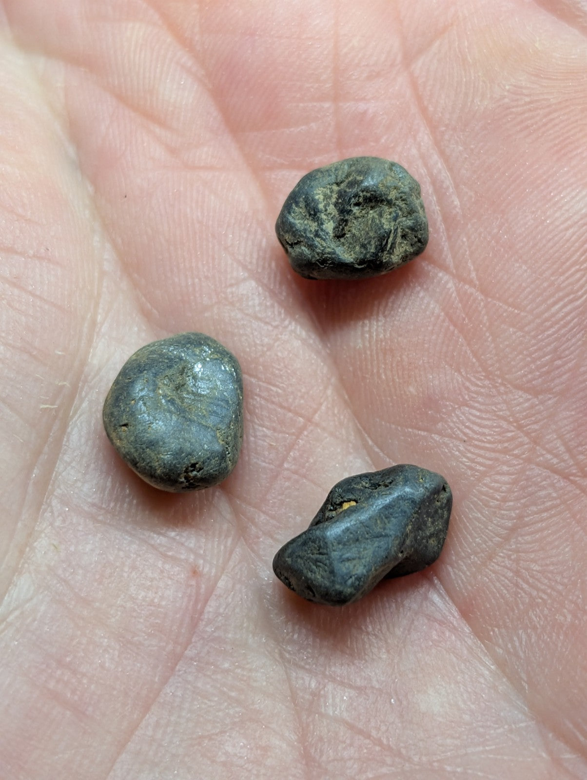 Three dark, irregularly shaped metallic objects with a rough, weathered surface rest in the palm of a hand.