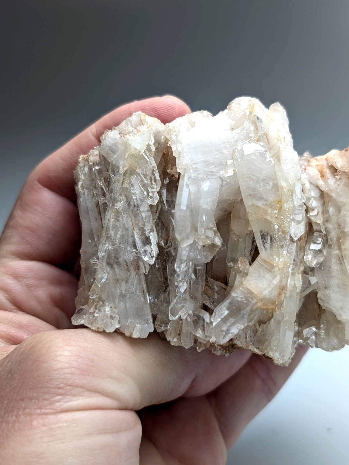 A cluster of translucent quartz crystals with clear faceted points and golden brown inclusions from Montgomery County Arkansas