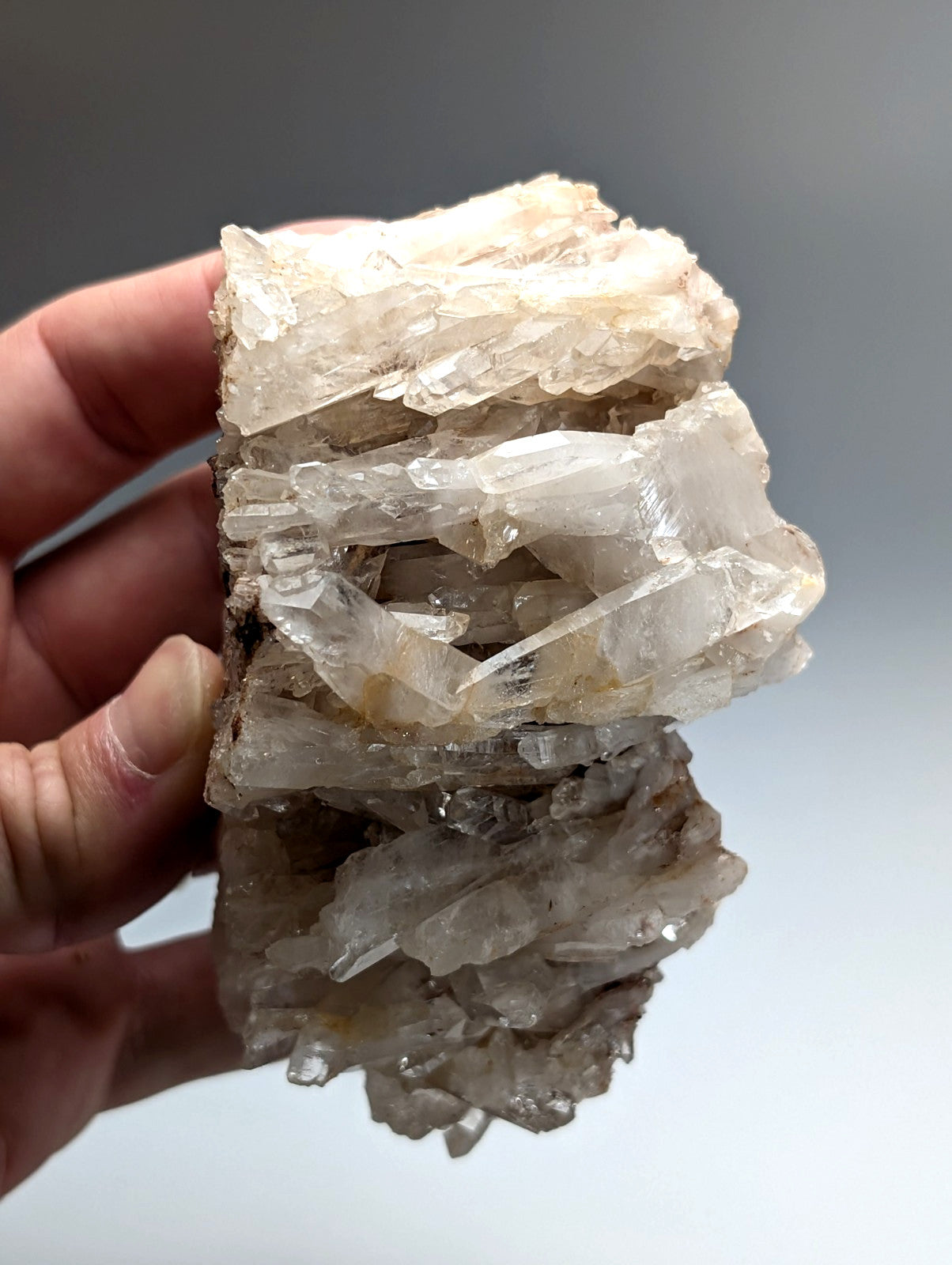 Very unique faden quartz crystal cluster with translucent crystalline layers and golden inclusions from arkansas usa