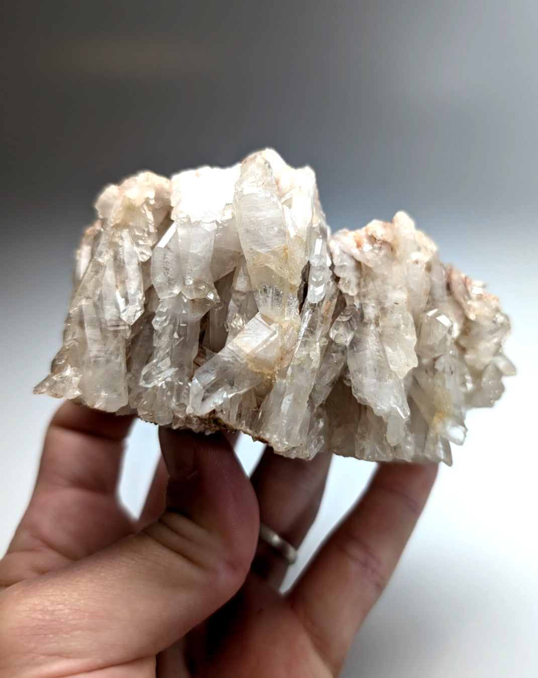 Very unique faden quartz crystal cluster with translucent milky white and golden hues from montgomery county arkansas usa