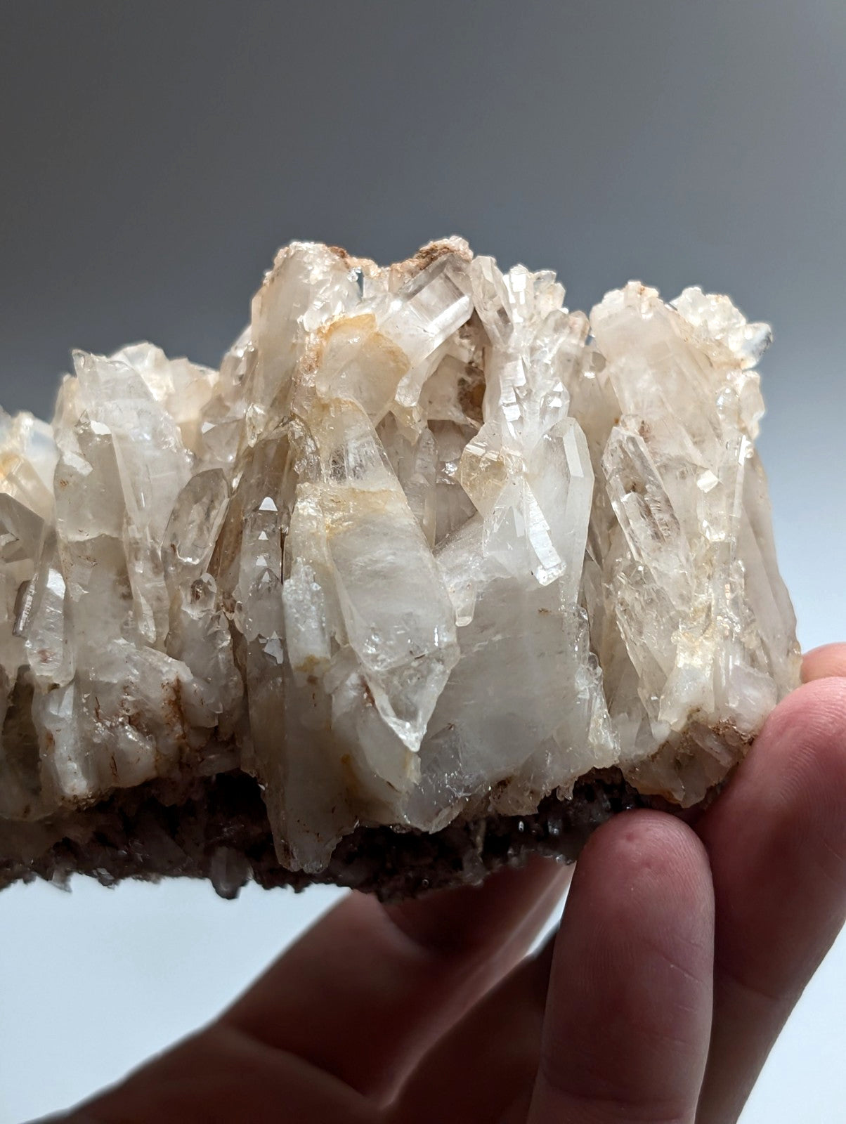 A cluster of translucent clear quartz crystals with golden and brownish hues in a faden quartz crystal cluster from Arkansas