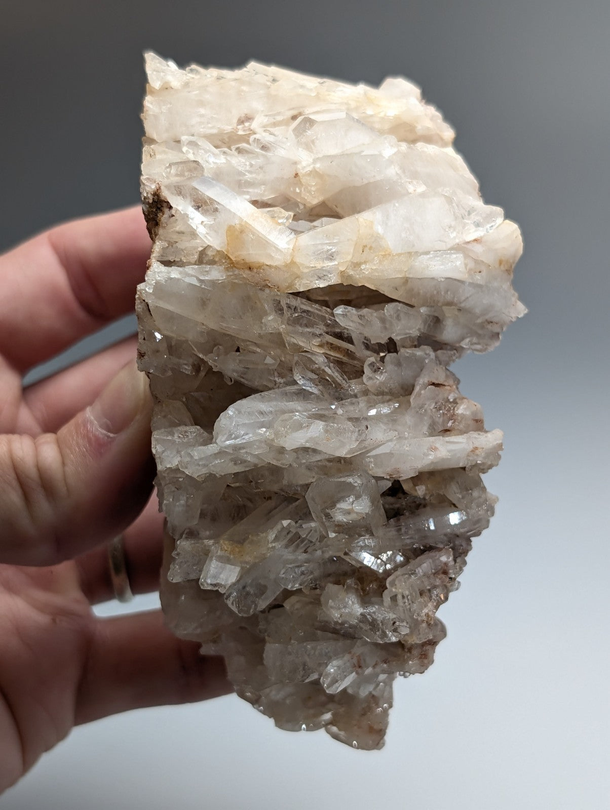 A translucent crystalline faden quartz crystal cluster with clear and milky white facets from montgomery county arkansas usa
