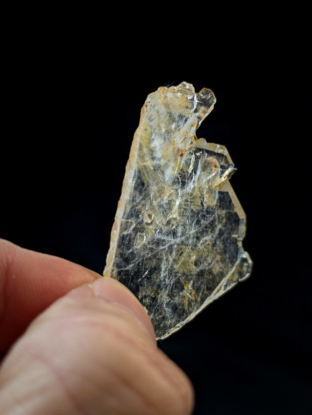 A translucent, irregularly shaped crystal fragment with a pale yellowish tint and visible internal web-like inclusions.