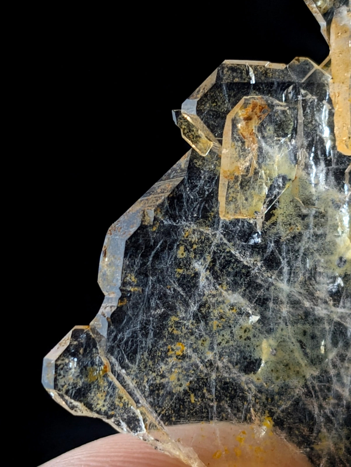 A translucent, dark green mineral specimen with intricate crystalline formations and subtle yellowish inclusions.