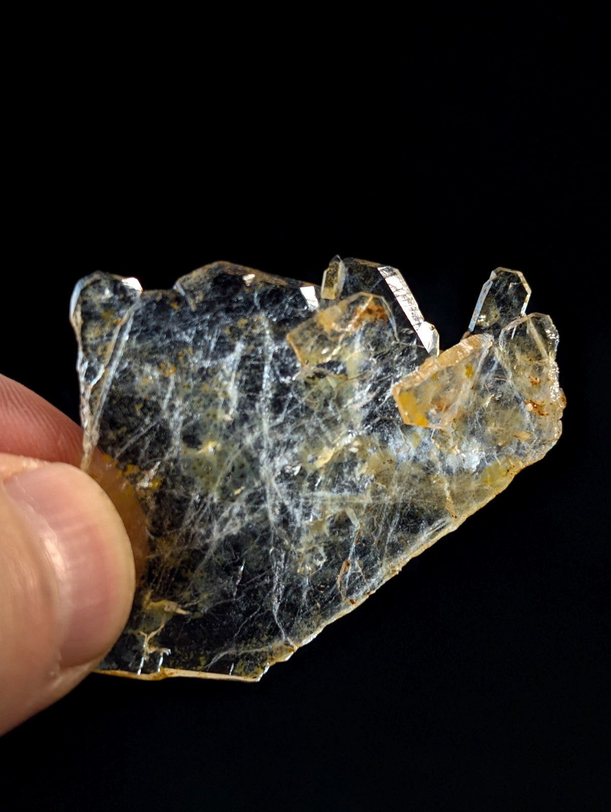 A translucent, dark green and yellowish mineral specimen with visible crystalline structures.