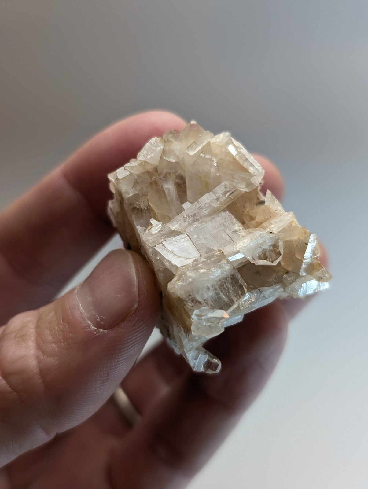 A translucent pale yellowish faden wheel quartz crystal cluster with sharp angular facets from Montgomery County Arkansas usa