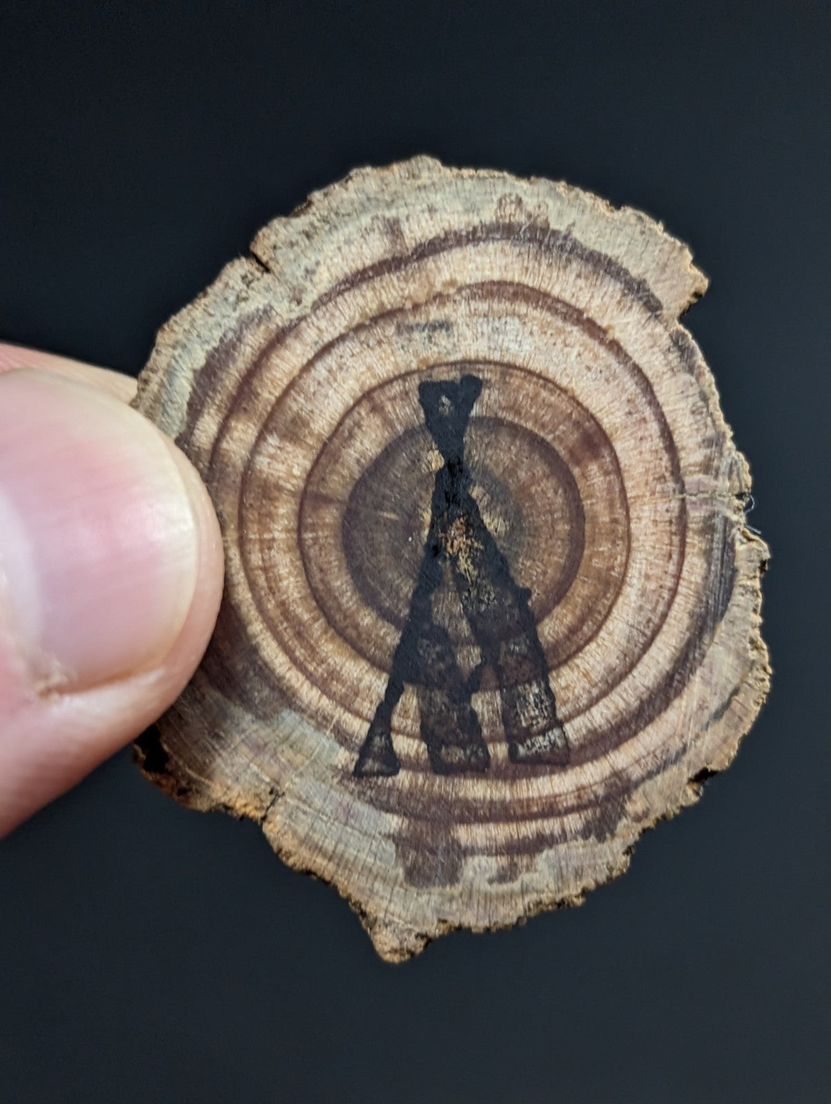 A hand holds a circular wooden slice with natural brown rings and a black silhouette of a figure etched into its surface.