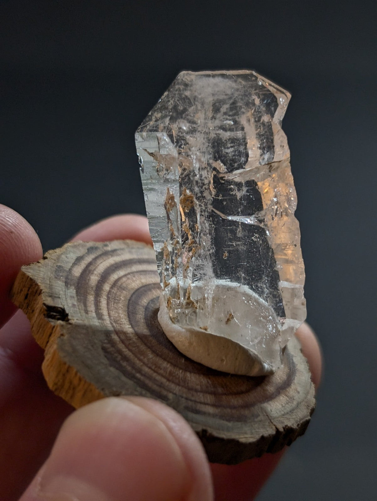 A translucent, clear quartz crystal with visible internal inclusions and a rough, faceted surface stands upright on a circular wooden base.