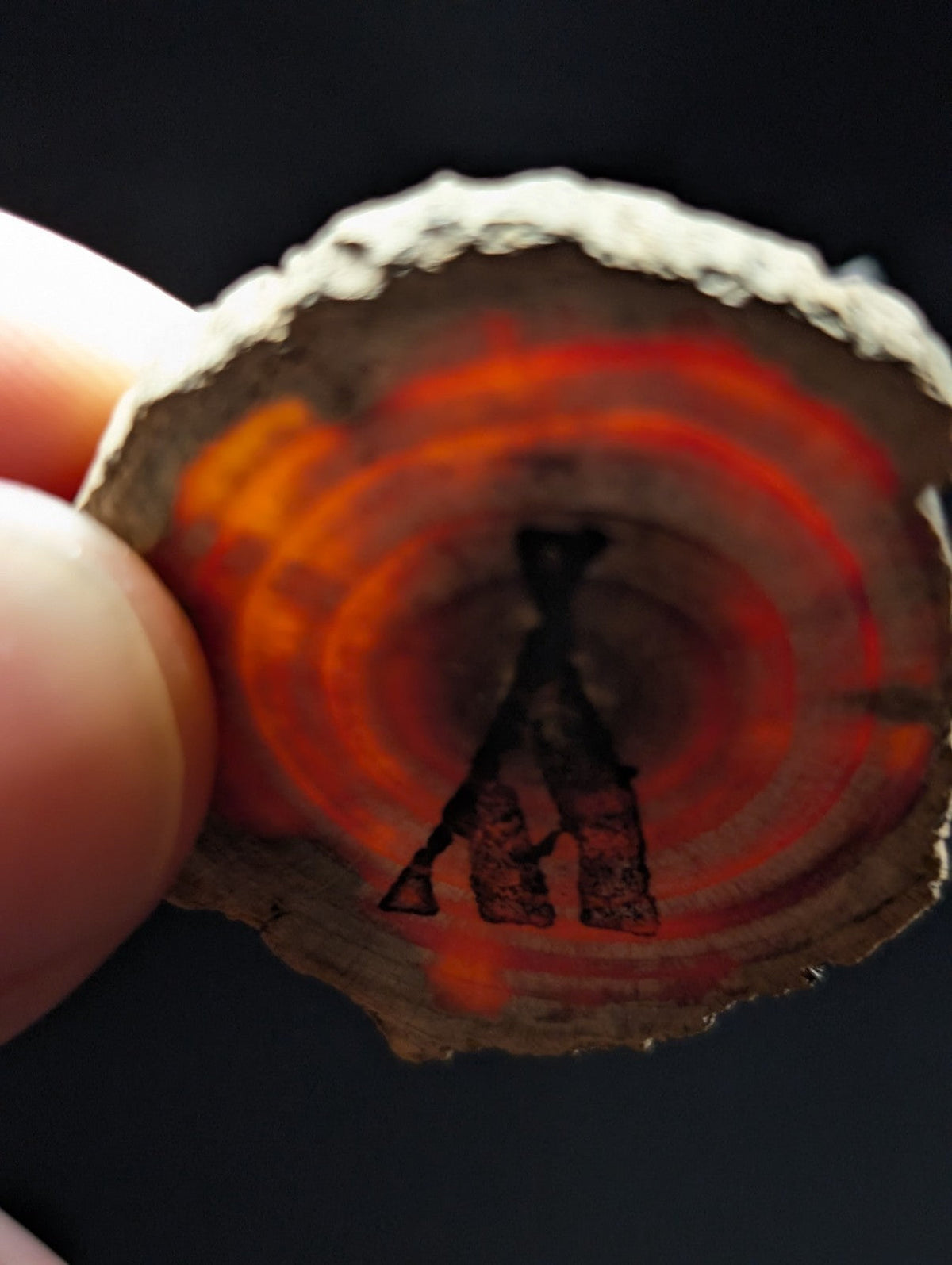 A circular, rustic wood slice with vibrant orange and red concentric rings, featuring a black silhouette of two figures standing together.
