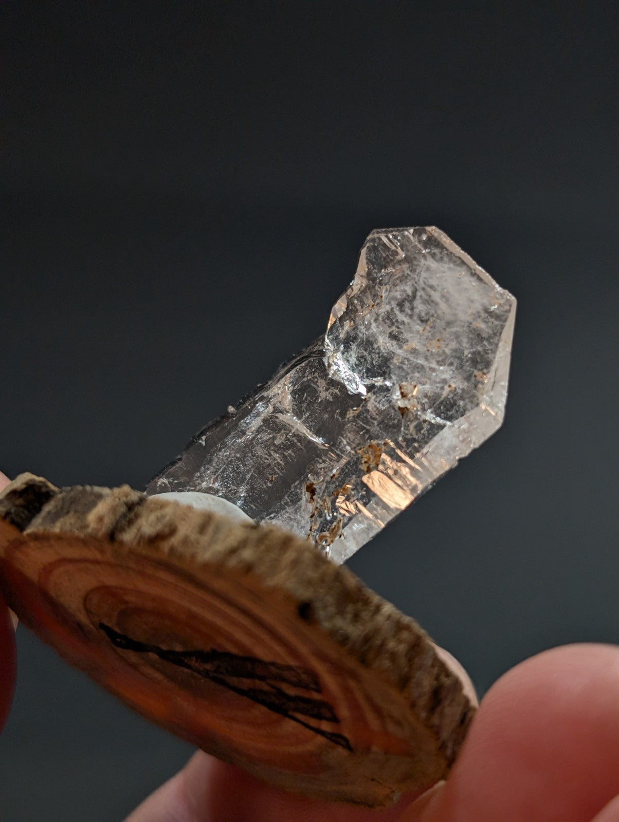 A clear, faceted quartz crystal with golden inclusions rests atop a rustic wooden slice.