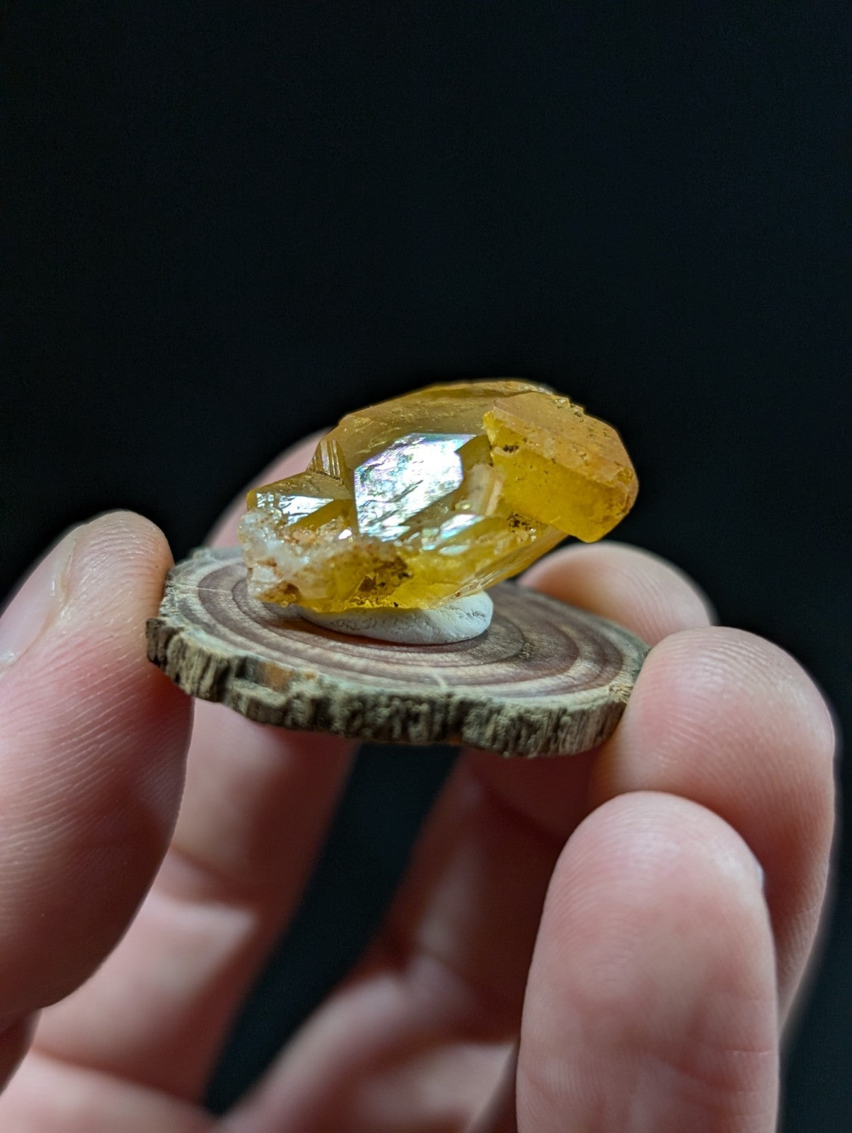 A translucent golden-yellow crystal with a faceted, natural formation rests on a rustic wooden slice.