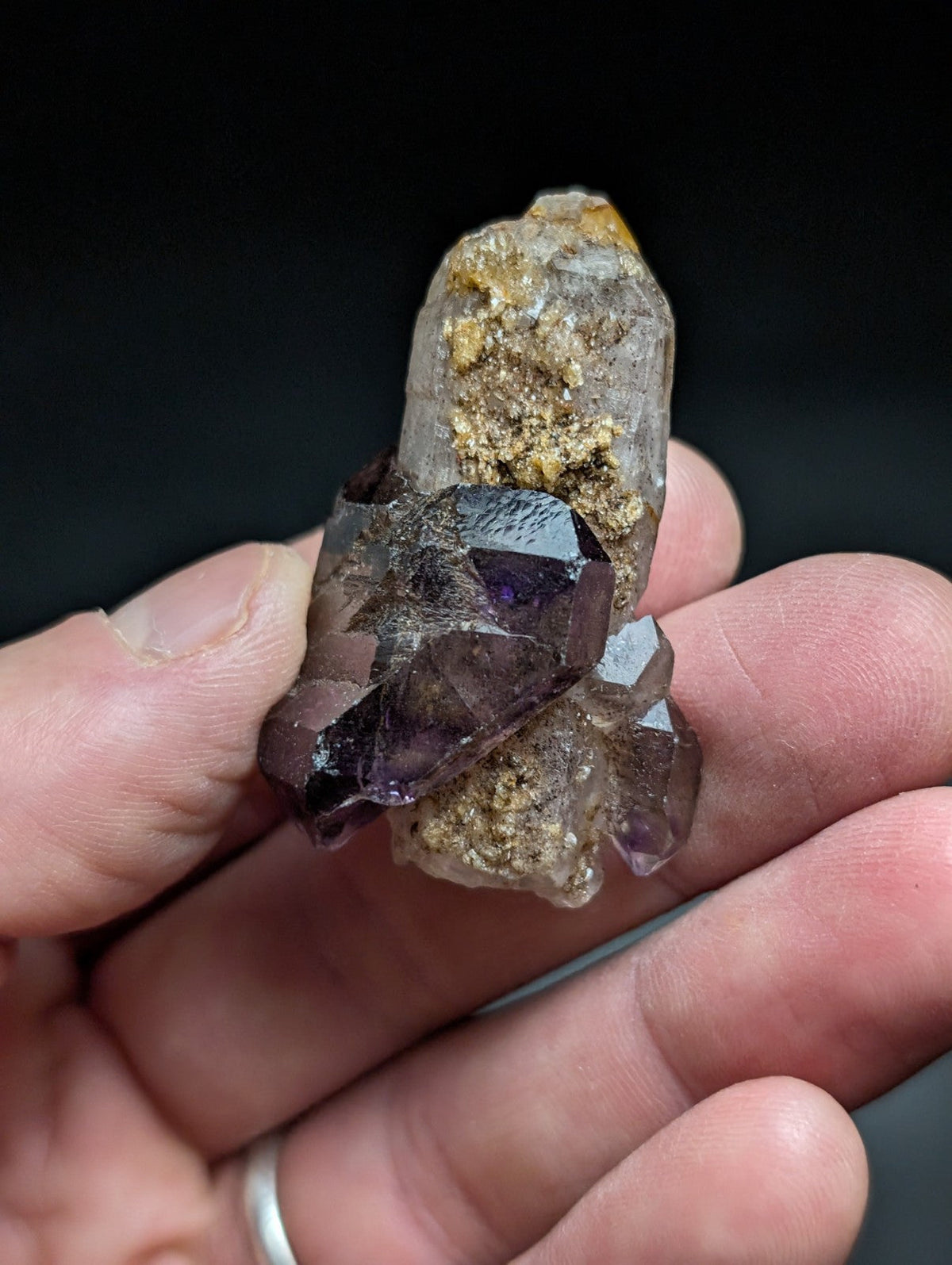 A hand holds a cluster of amethyst crystals with deep purple facets and clear quartz, set against a dark background.