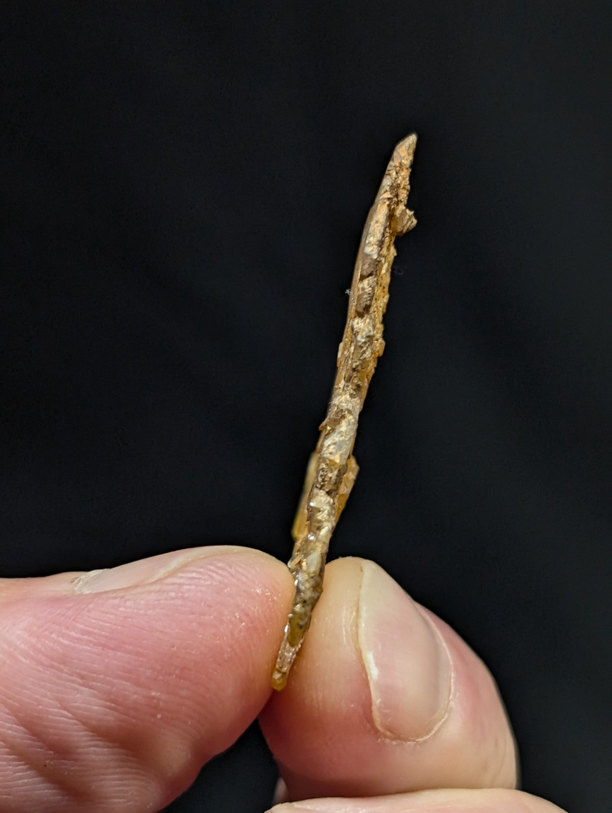A weathered, golden-brown metallic shard with a rough, textured surface and pointed tip.