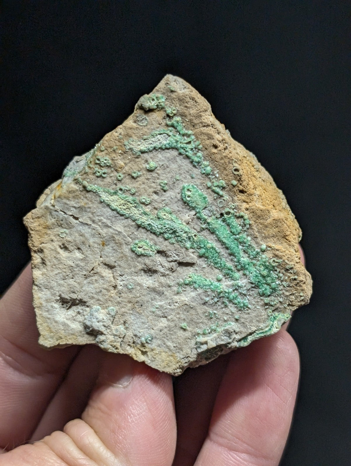 A weathered, irregularly shaped fragment of ancient pottery with a textured surface covered in patches of green patina and areas of faded beige and gray.
