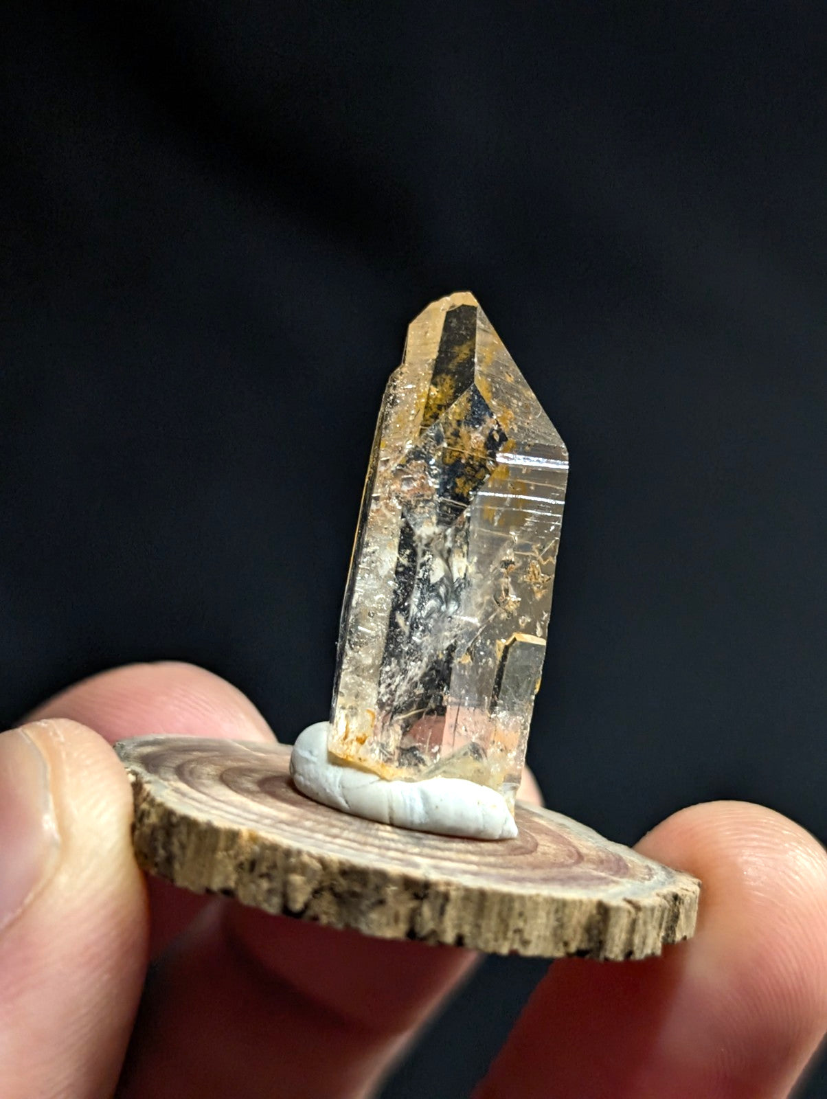 A translucent golden-yellow quartz crystal with natural inclusions, mounted on a rustic wooden slice base.