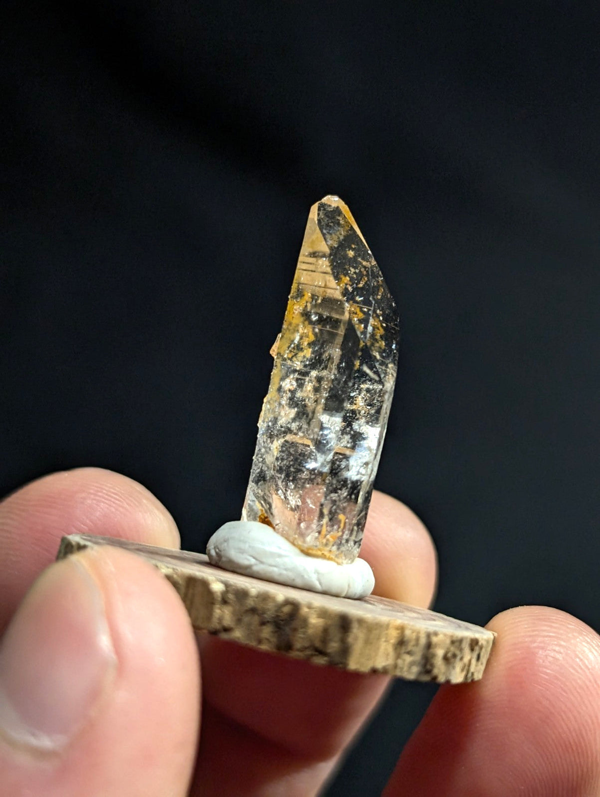 A translucent amber-hued crystal with golden inclusions, mounted on a rustic wooden base.
