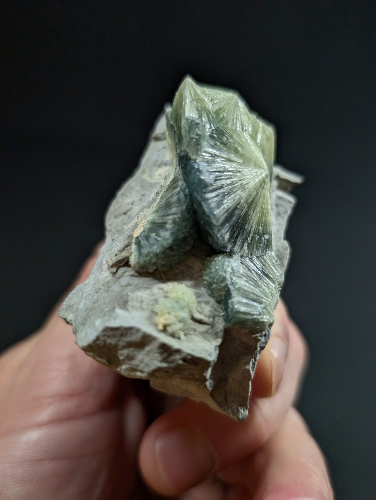 A striking green, translucent crystal formation with radiating striations embedded in a rough gray rock matrix.