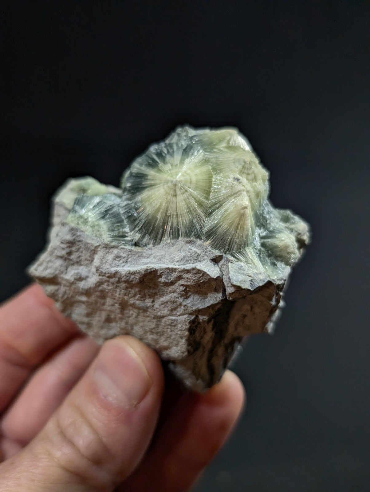 A translucent green and white mineral specimen with radiating crystalline formations set in a rough, gray rock matrix.