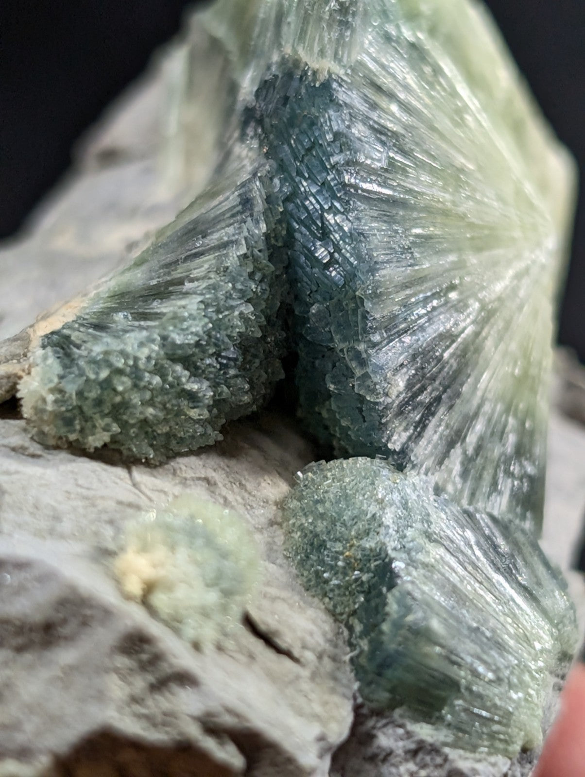 A striking greenish-blue mineral specimen with radiating, translucent crystal formations.