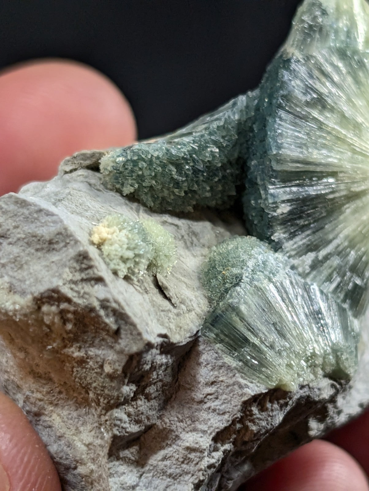 A translucent green mineral specimen with radiating crystal formations emerging from a gray rock matrix.