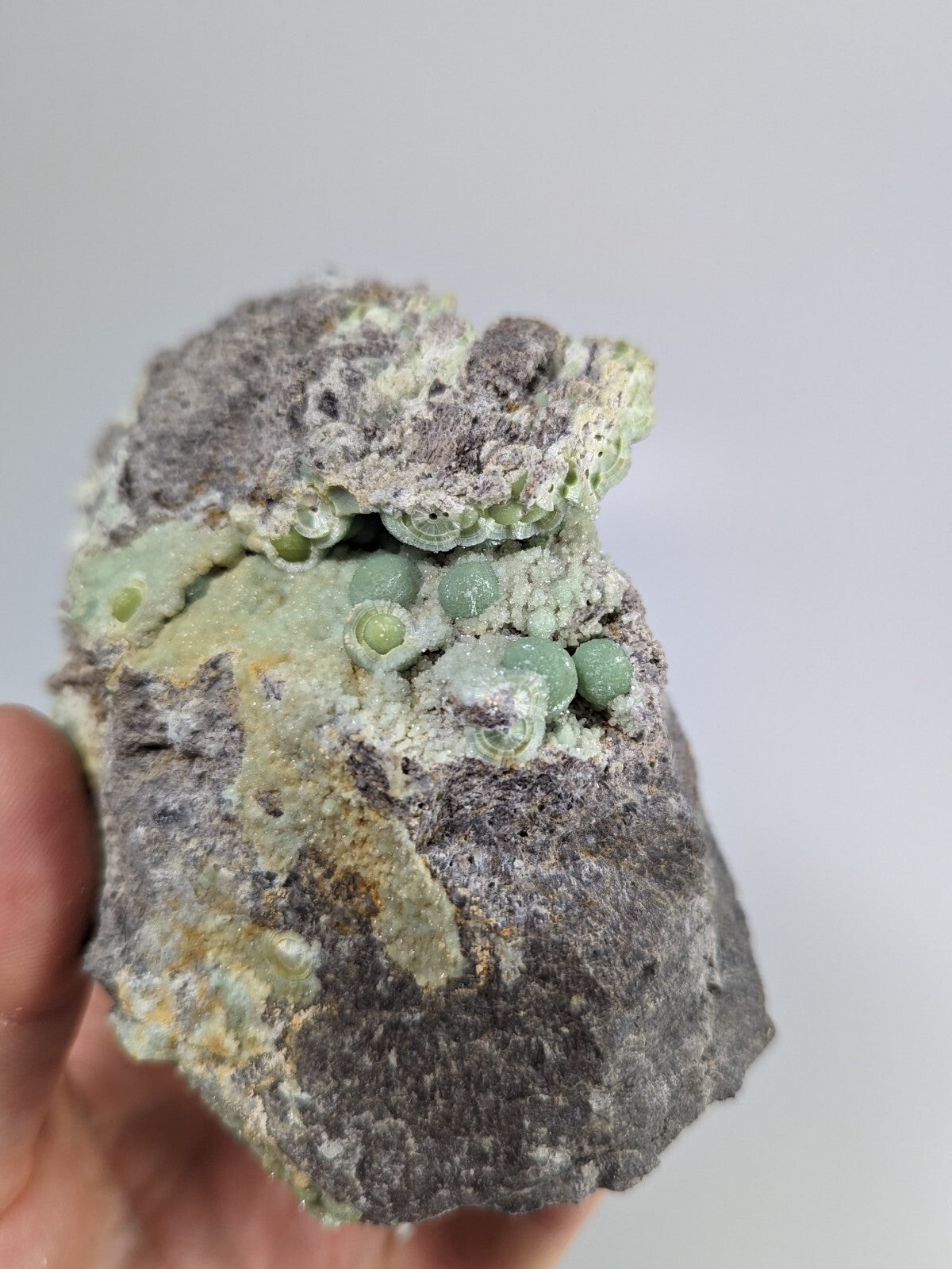 A rough, gray rock specimen featuring clusters of translucent green spherical crystals embedded in its surface.
