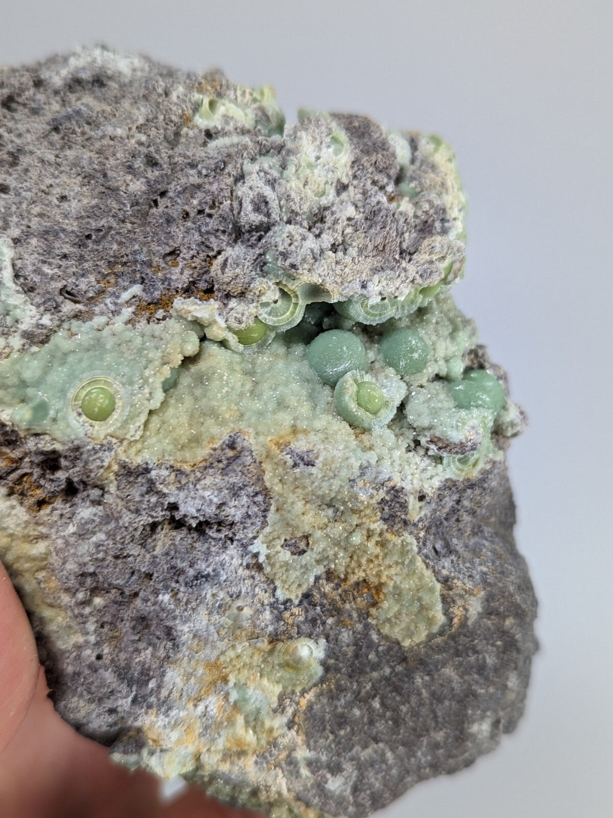A textured gray rock specimen featuring clusters of translucent green, bead-like mineral formations.