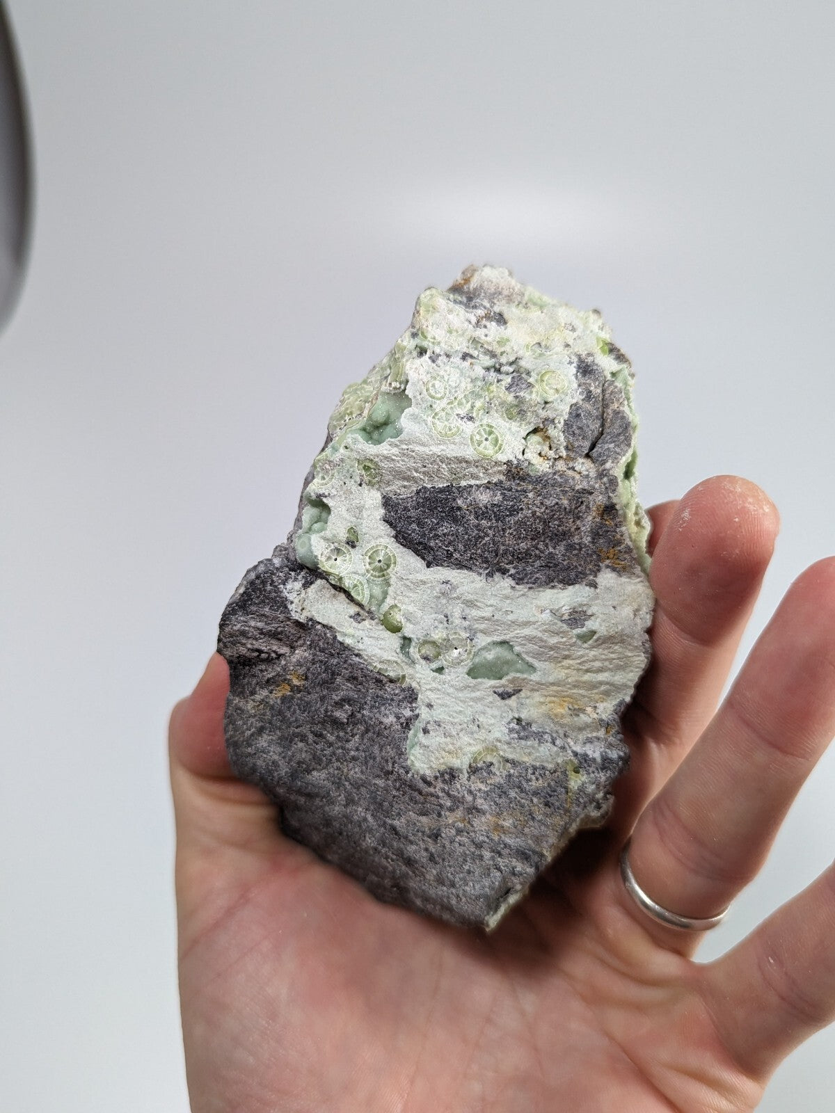 A hand holds a rough, irregularly shaped rock with patches of gray and light green mineral veins.