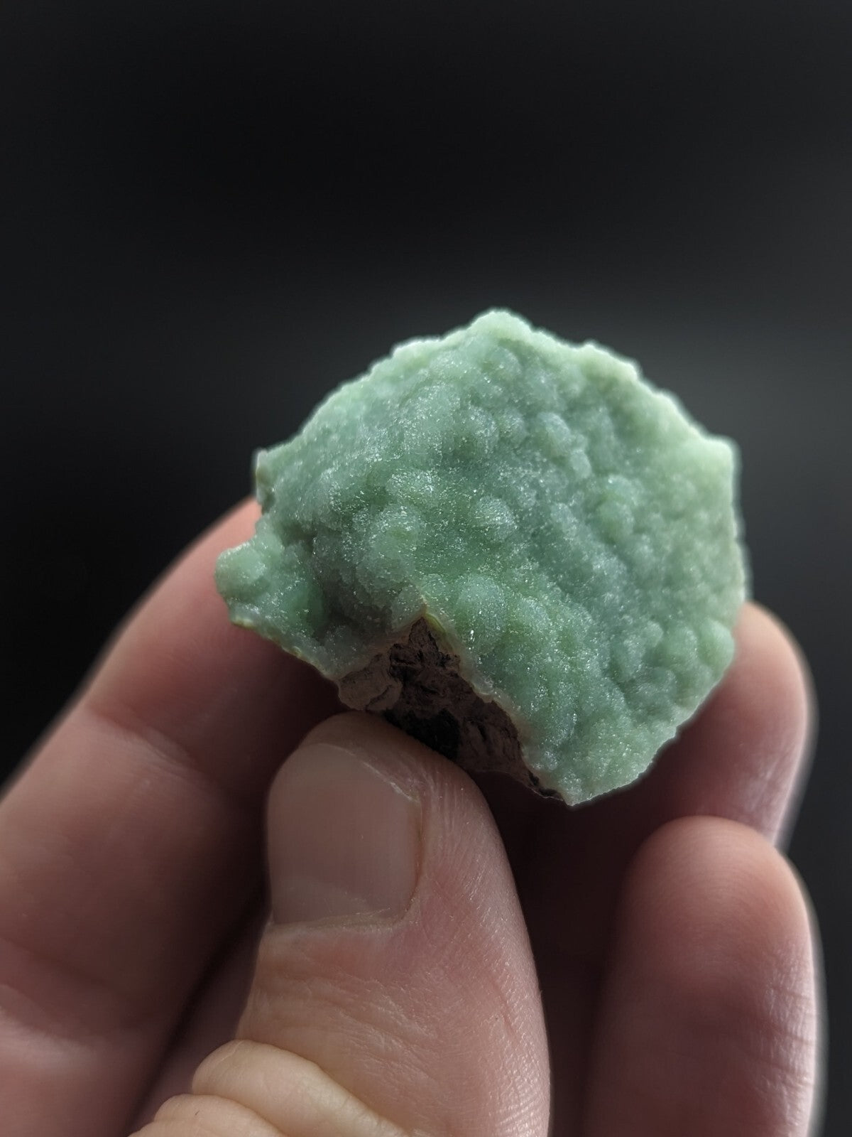 A pale green, textured mineral specimen with a rough, bumpy surface held in someone’s hand.